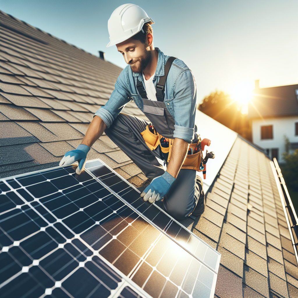 Caucasian engineer installing solar panels on roof